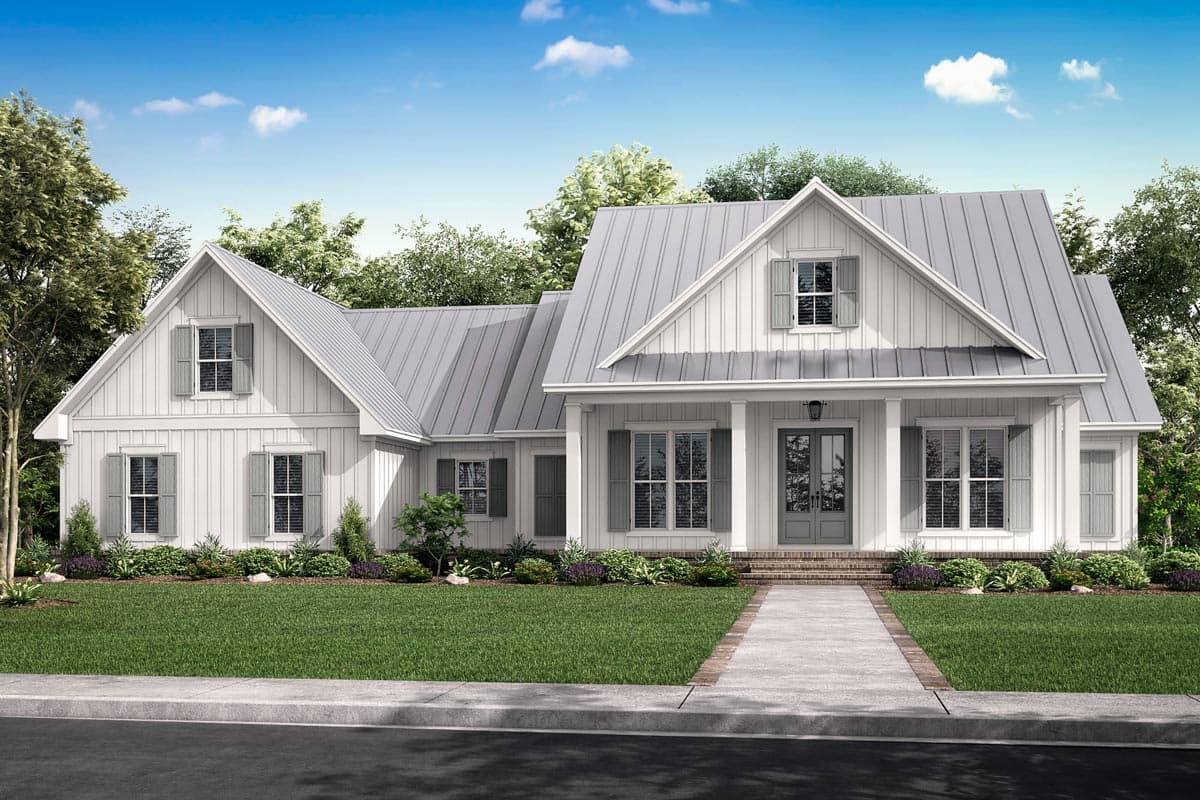 Modern Farmhouse house plan exterior with gabled rooflines, board and batten siding, and a covered front porch.