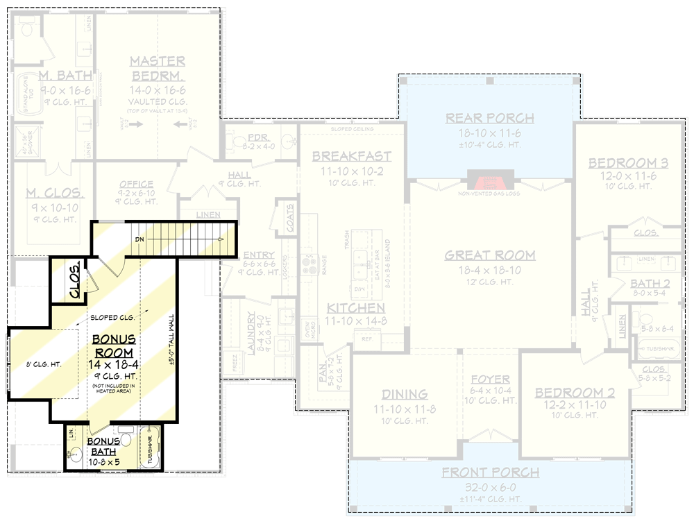 Plan 51827HZ: Country Farmhouse Plan with Optional Bonus Room - Floor Plan - Optionally Finished Bonus - Country, Craftsman, Farmhouse, Modern Farmhouse, New American, Ranch