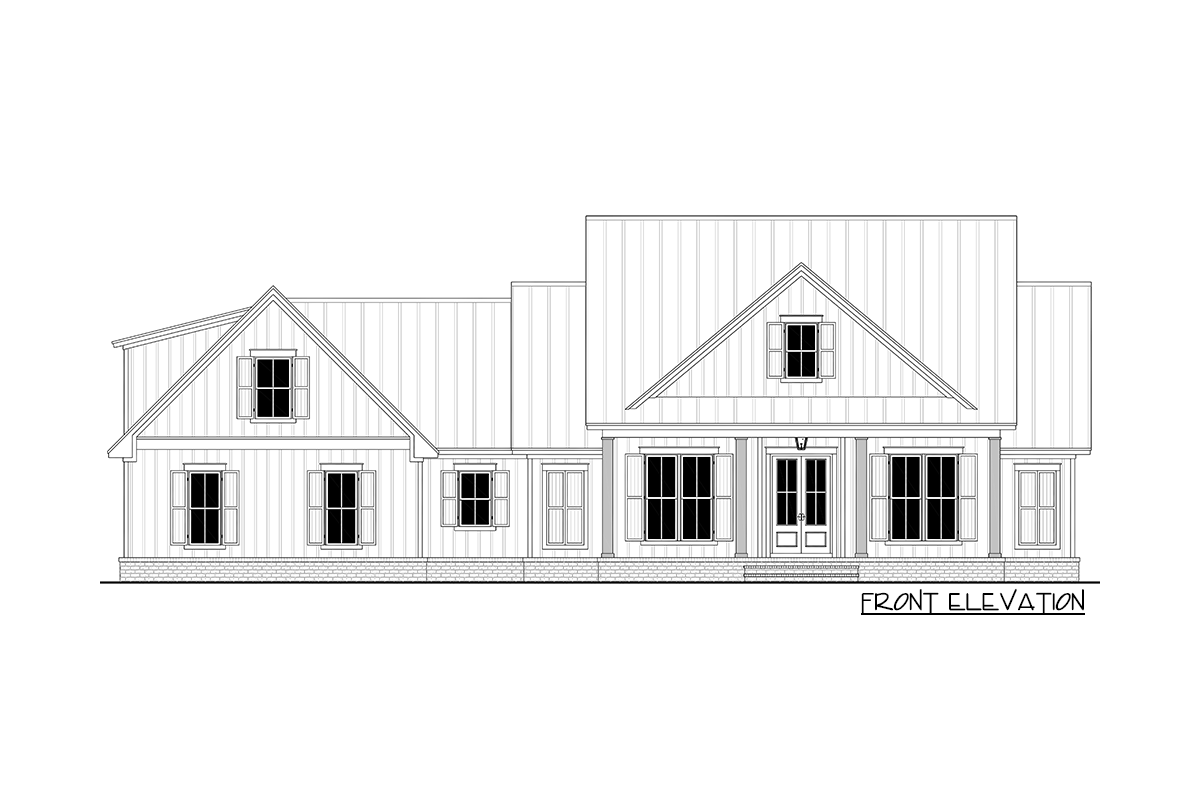 Front elevation drawing of a house plan featuring multiple gables, dormers, and a covered front porch with columns.