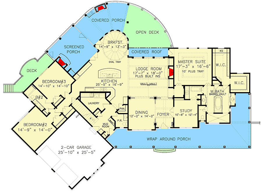 Plan 25694GE: Grand One-Level Farmhouse Plan with Curved Rear Deck  - Floor Plan - Main Level - Country, Farmhouse, Modern Farmhouse, Southern