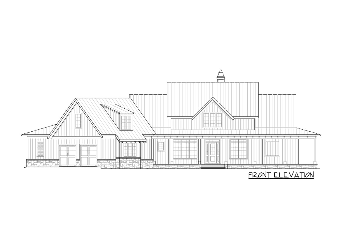 Front elevation of a Modern Farmhouse style house plan, featuring a large wraparound porch, metal roof, gables, and stone accents.