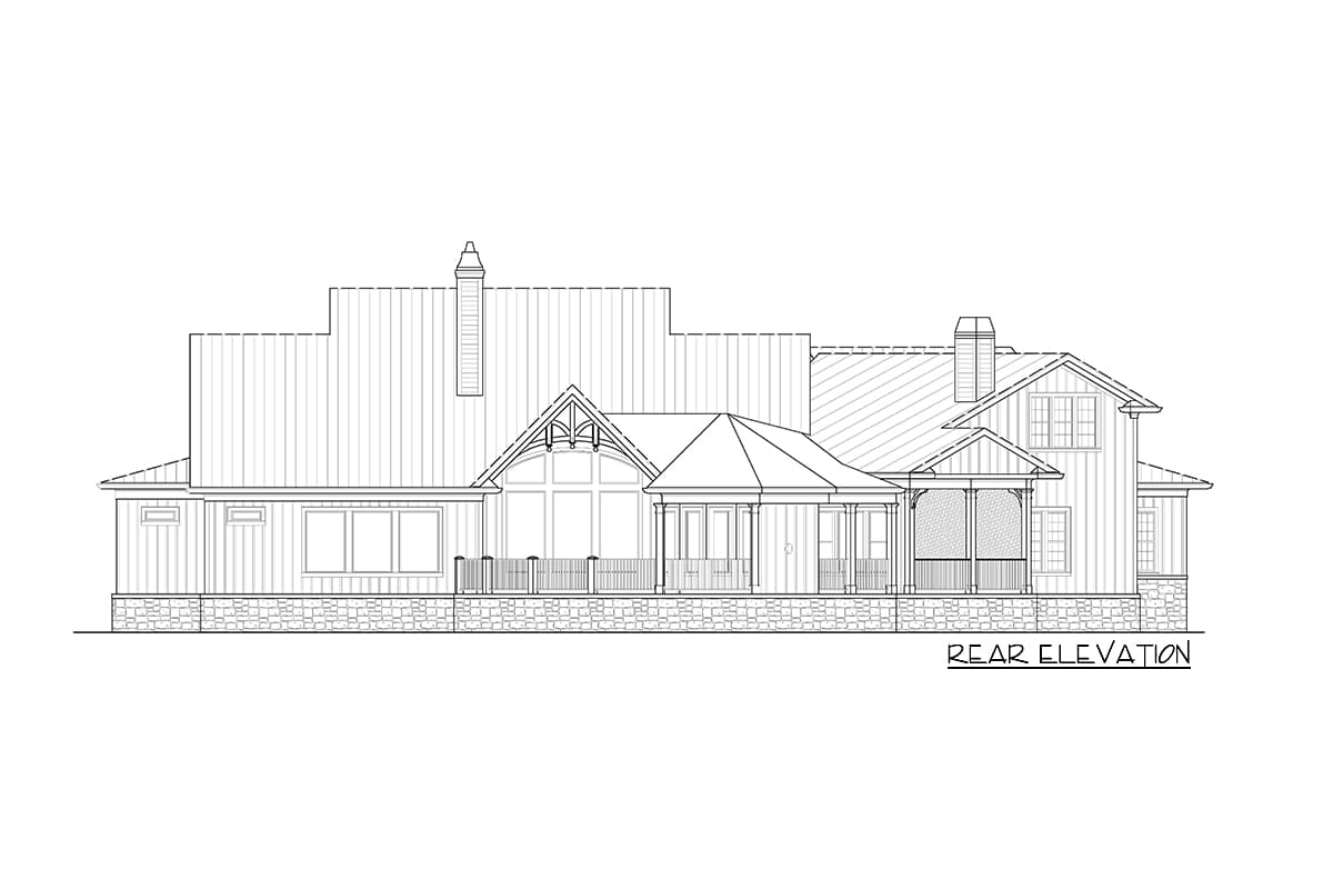 Rear elevation house plan with stone foundation, multiple gables, prominent chimney, and covered porches.