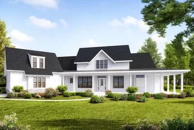 Grand One-Level Farmhouse Plan with Curved Rear Deck 