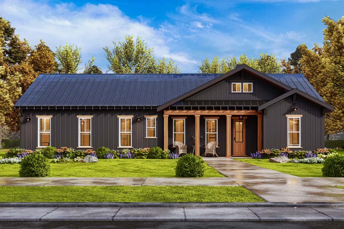 House plan exterior. One-story Modern Farmhouse with a gable roof, covered porch with wooden columns, and board-and-batten siding.