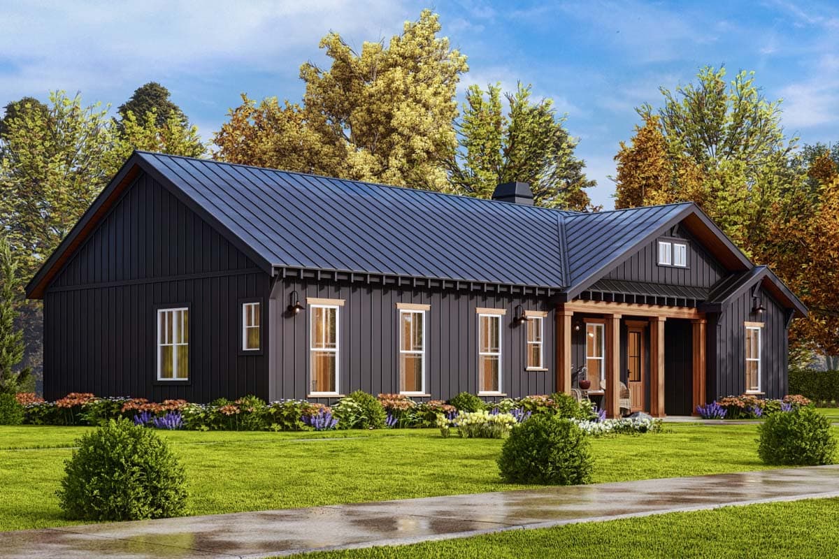 Modern Farmhouse house plan exterior with dark vertical siding, metal roof, covered entry porch with wood posts, and gabled dormer.