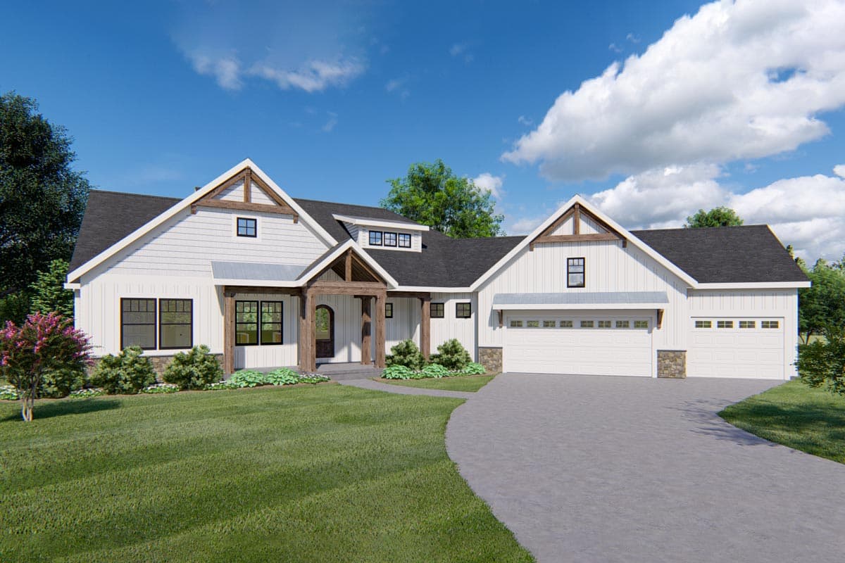 House plan exterior. Modern Farmhouse style with a two-car garage, front porch, and multiple gables.
