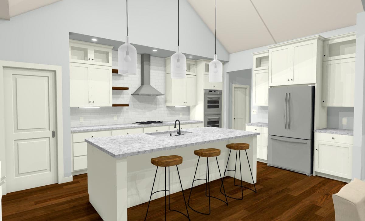 Kitchen rendering with vaulted ceiling, central island, white cabinets, subway tile backsplash, and stainless steel appliances.