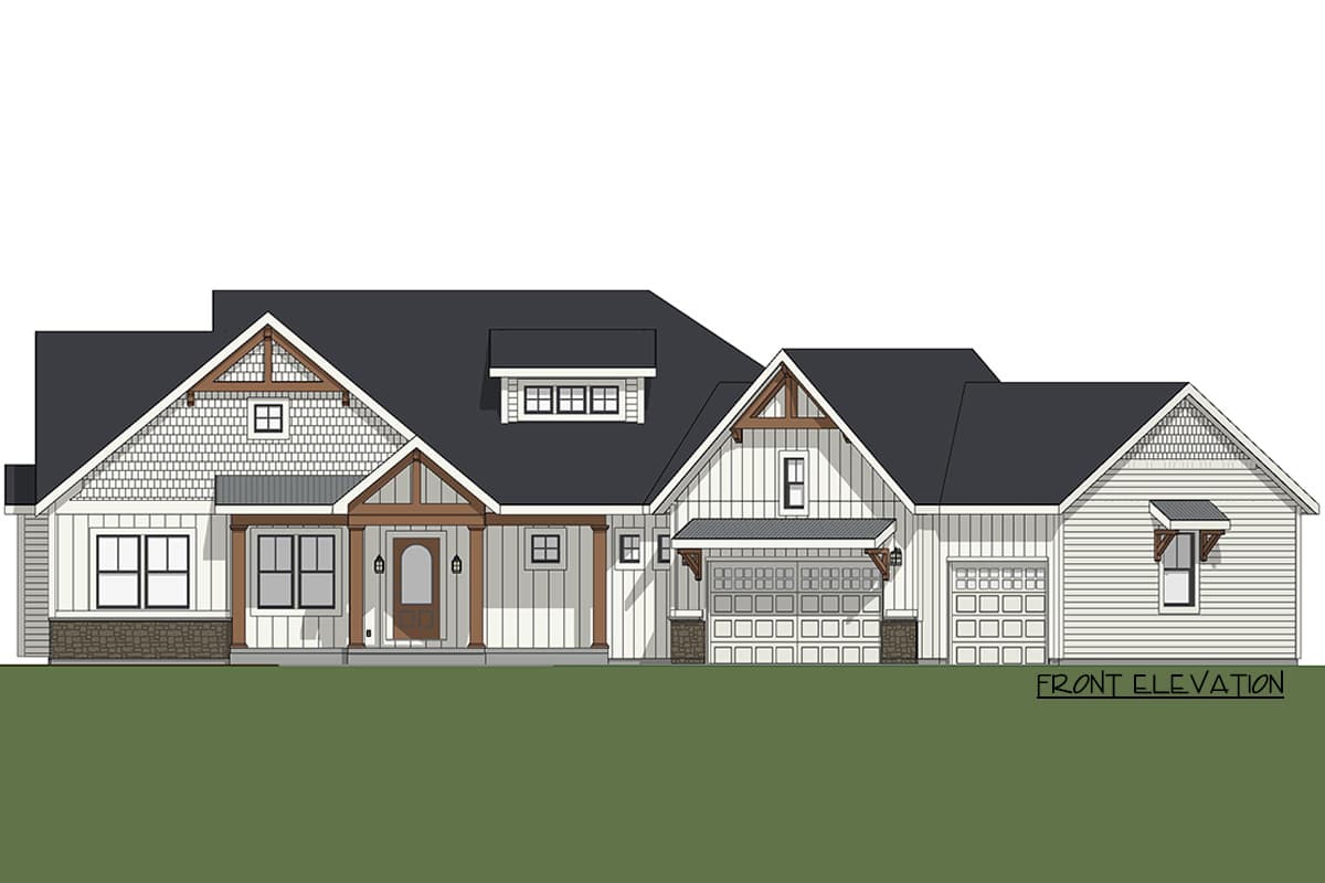 Front elevation of a Modern Farmhouse plan featuring gables, dormers, a covered porch, and a two-car garage.