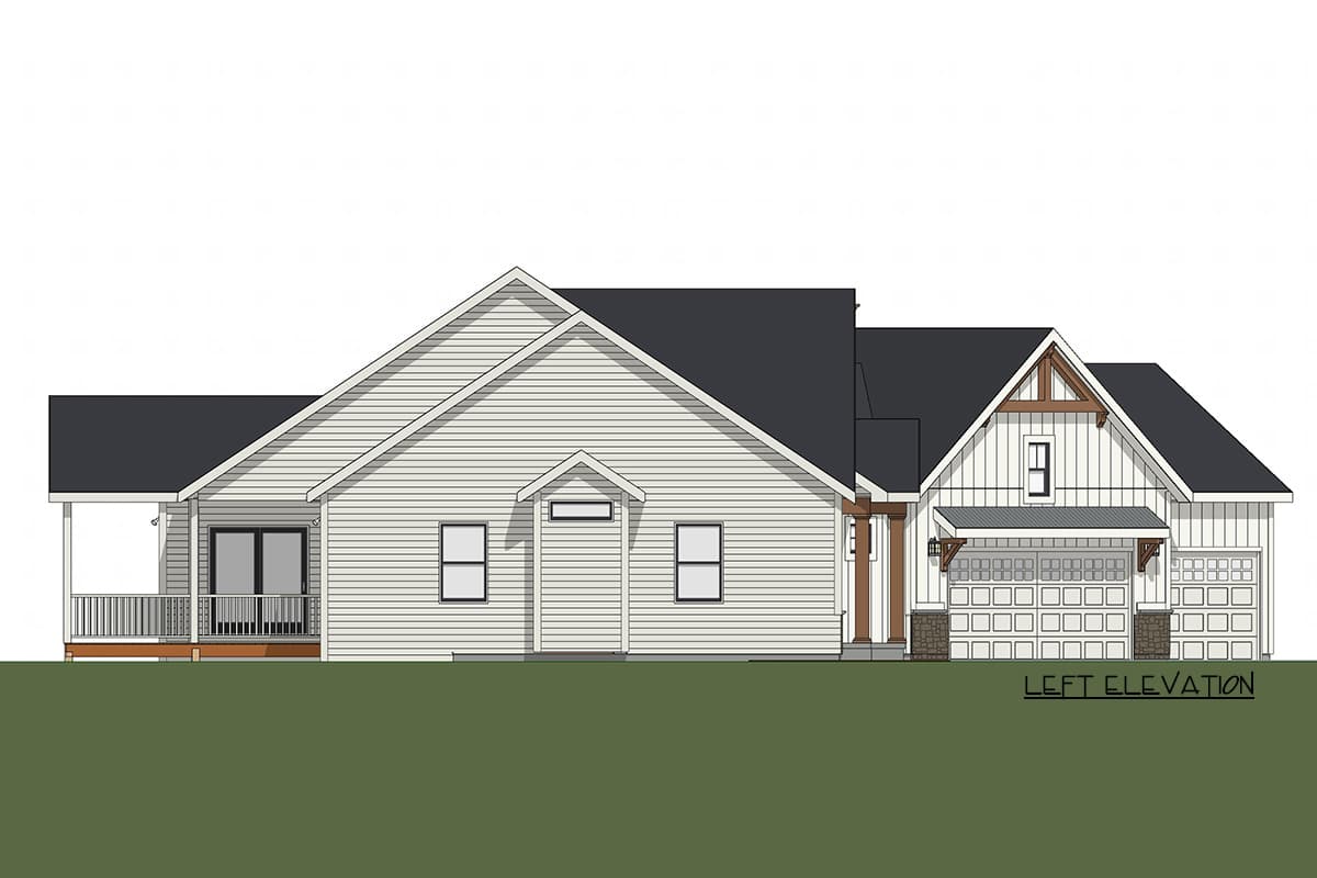 Left elevation house plan. Ranch style with gables, covered porch, and a three-car garage.