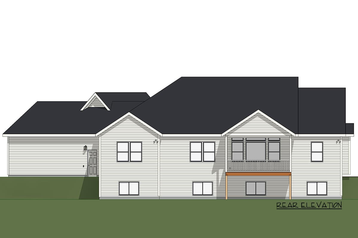Rear elevation of a two-story house plan with a deck and multiple gables.