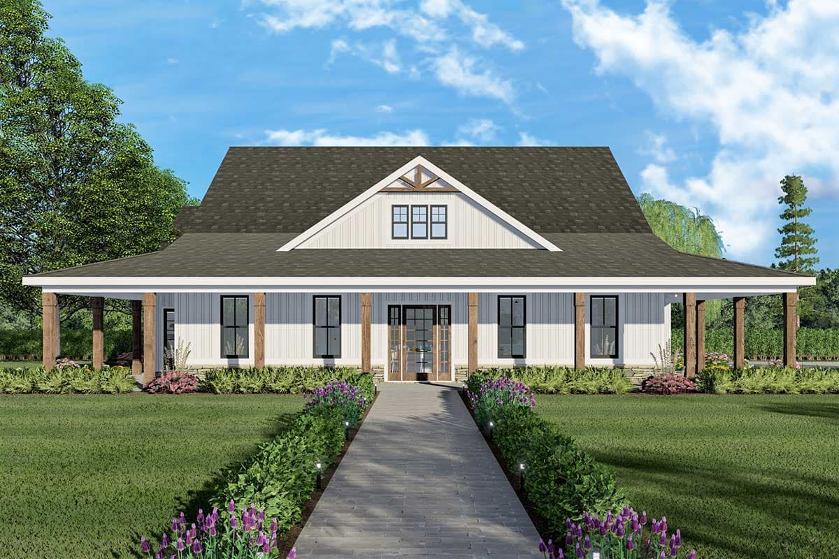 House plan exterior. Farmhouse style with a single story, wraparound porch with wooden supports, gable, and vertical siding.