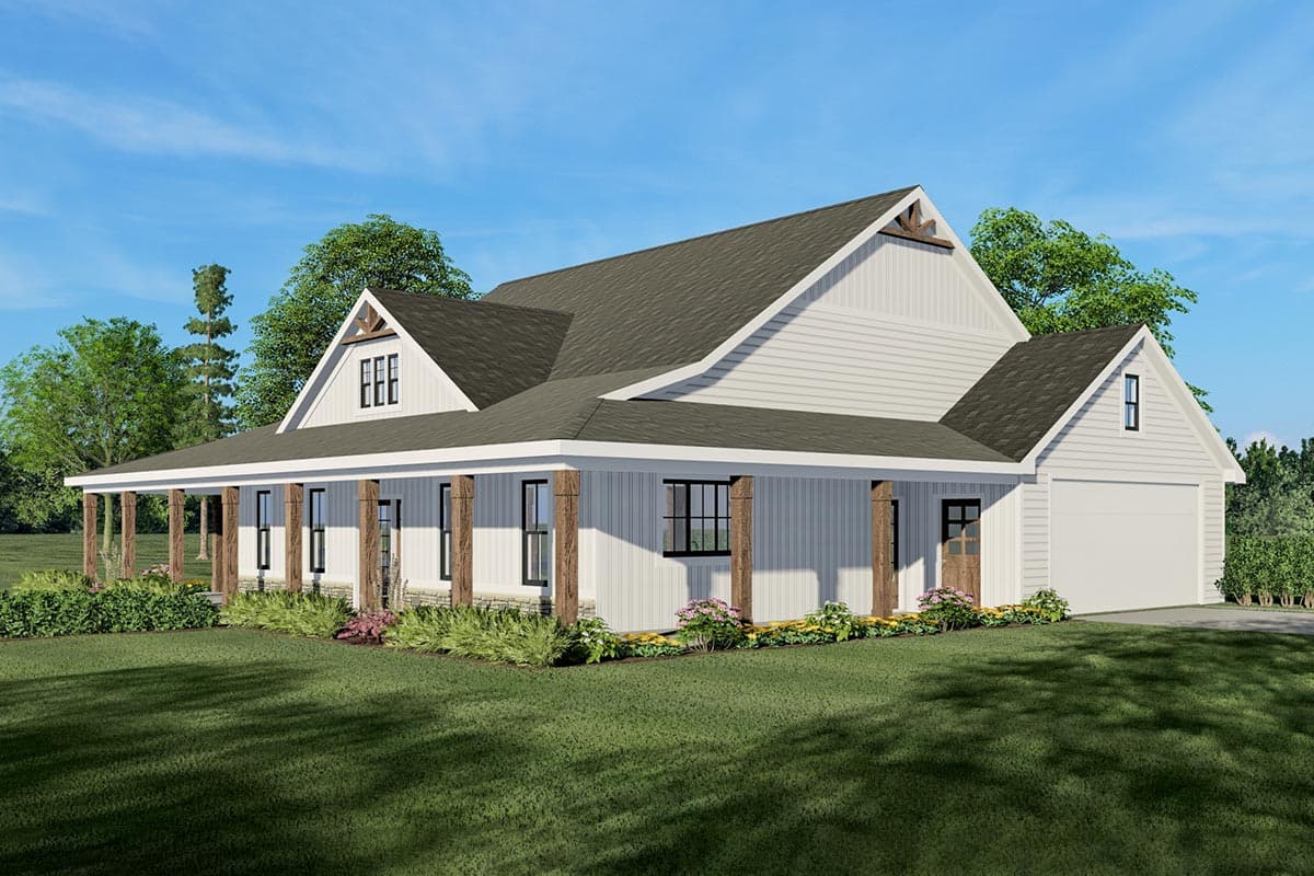 House plan exterior: Modern Farmhouse style, one story, wraparound porch with timber supports, gable dormers, and side-entry garage.