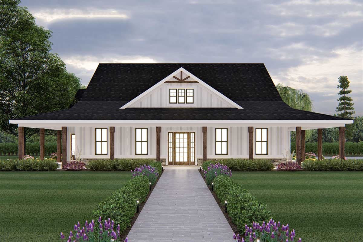 House plan exterior: Ranch style, single story, with a wrap-around porch, prominent gable with dormer windows, and central double door entry.