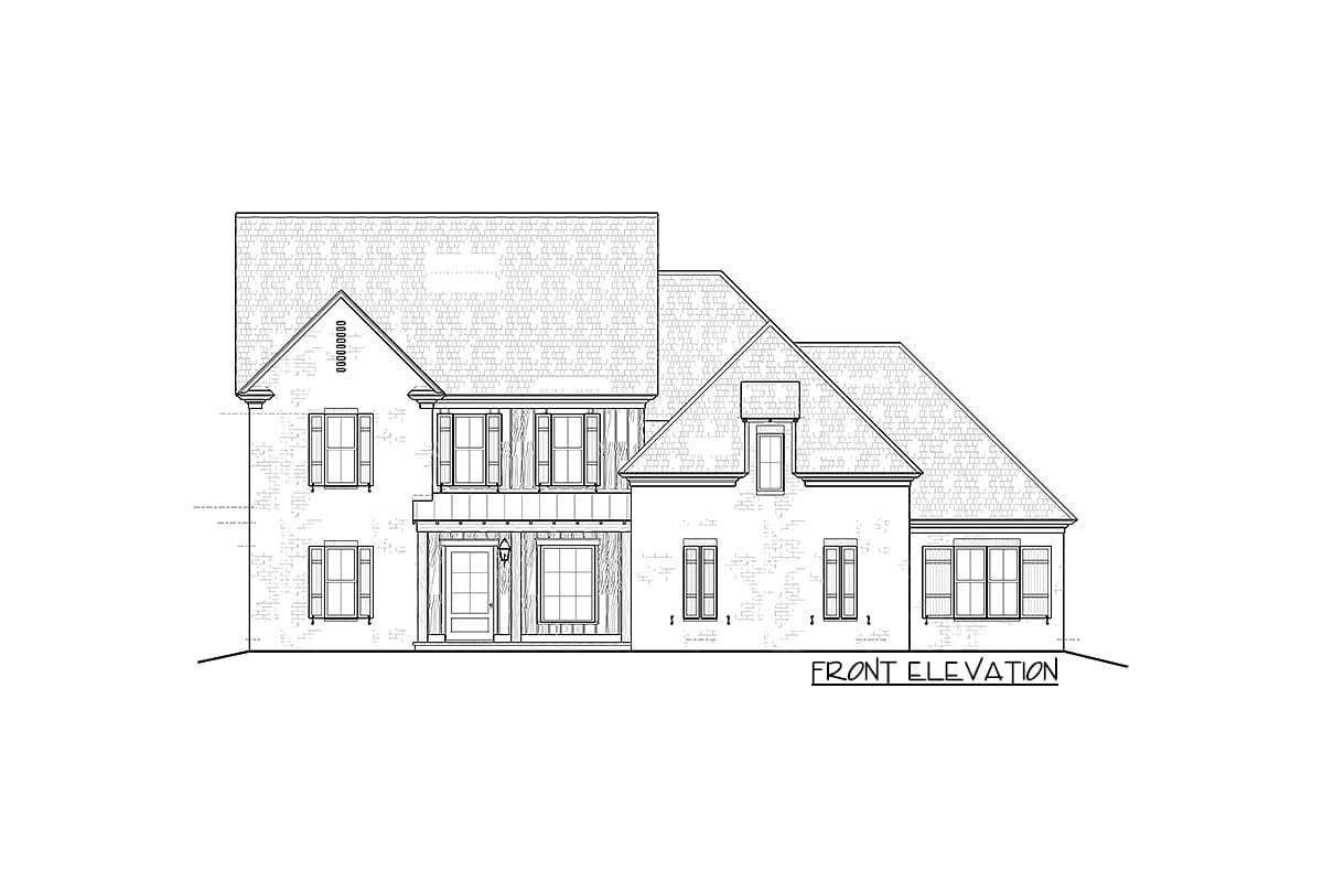 Front elevation house plan drawing shows a two-story home with multiple gables, a covered entry porch, and varied window styles.