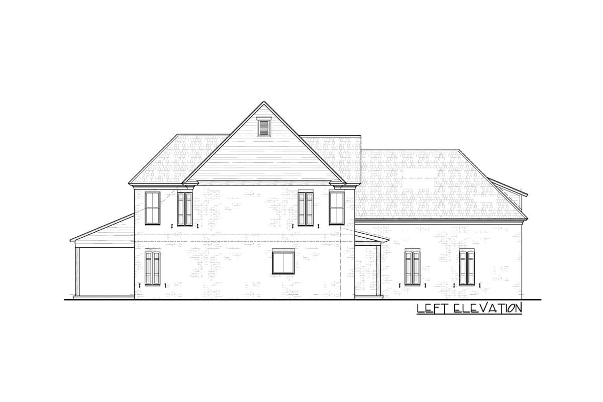 Left elevation drawing of a two-story house plan with a gabled roof, dormer, and covered porch.