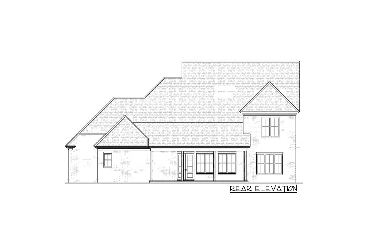 Rear elevation drawing of a two-story house plan with multiple gables, a covered porch, and several windows.