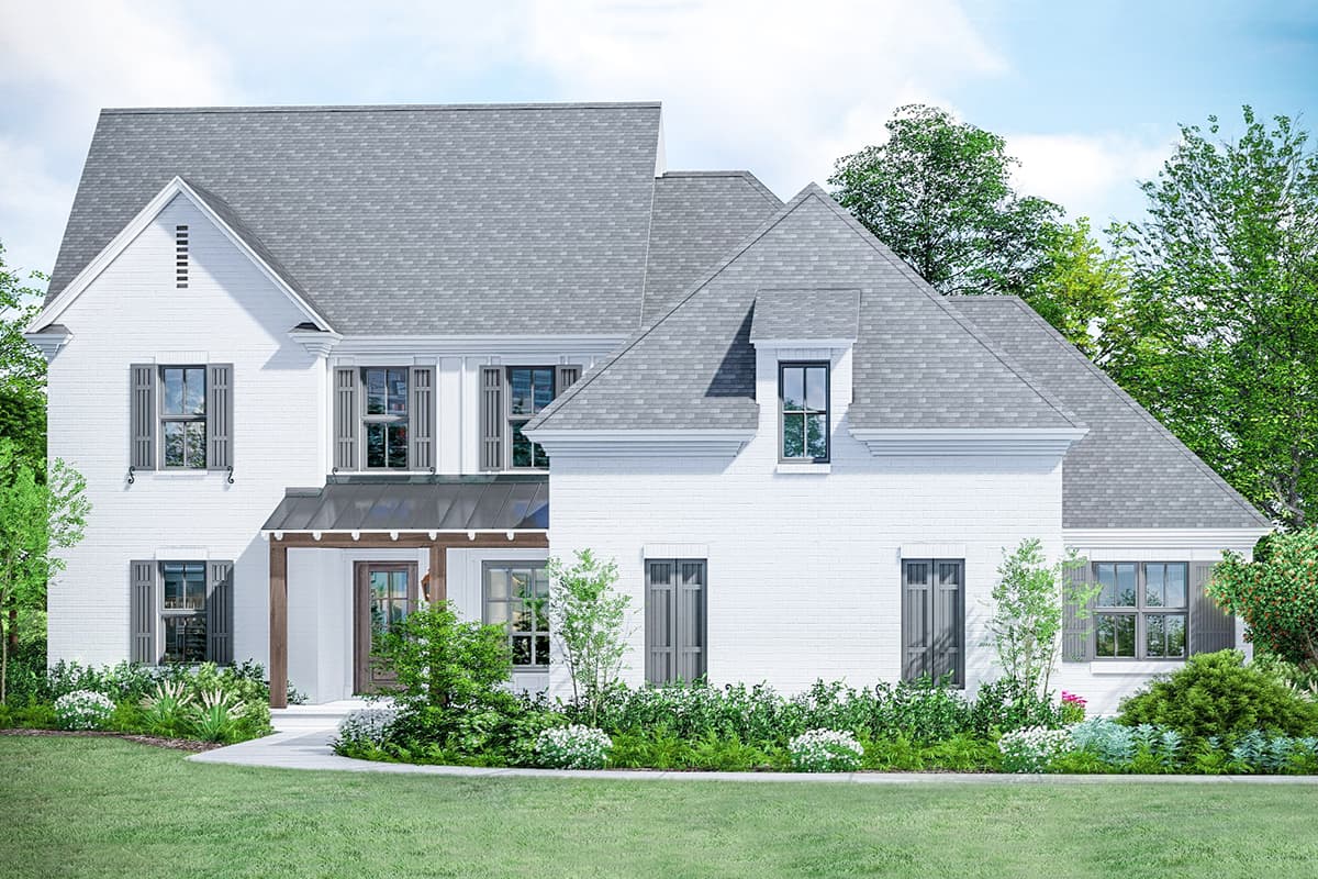 House plan exterior featuring a two-story design. Key elements include a covered porch, multiple gables, and a dormer. It has a brick exterior.