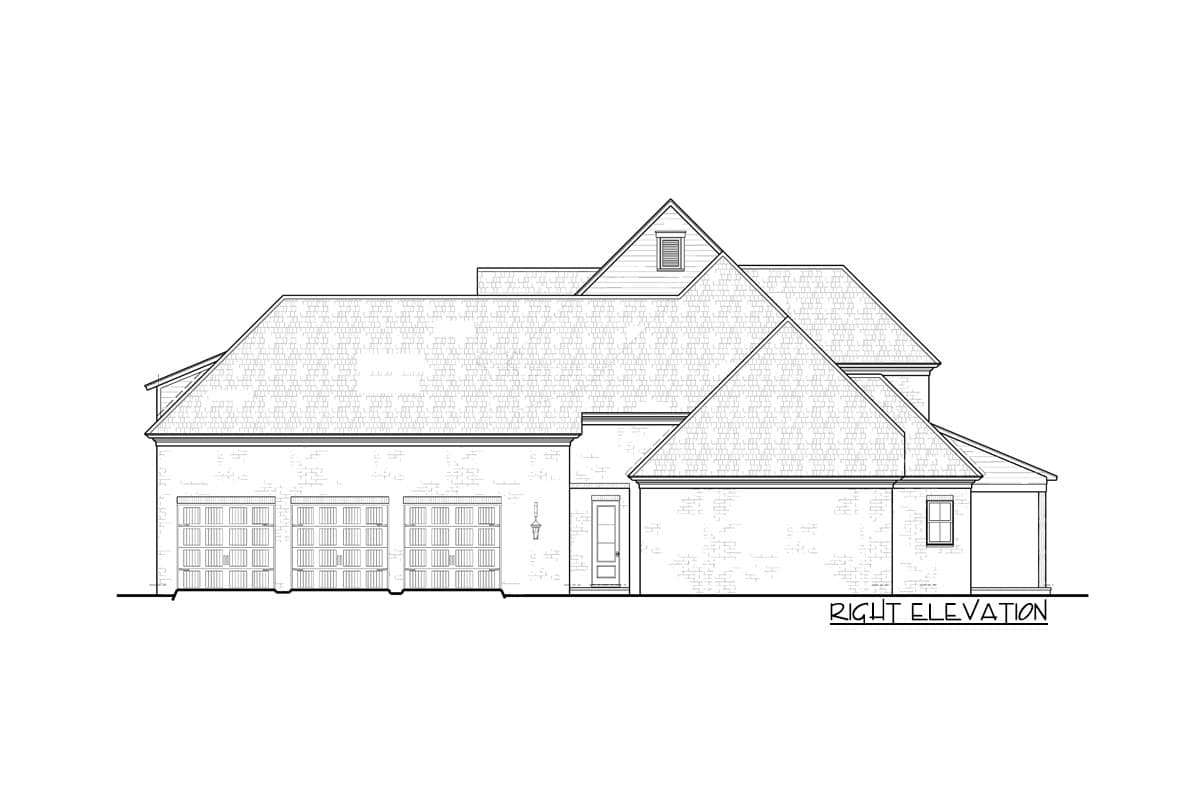 House plan right elevation showing a three-car garage, brick facade, multiple gables, and a dormer.