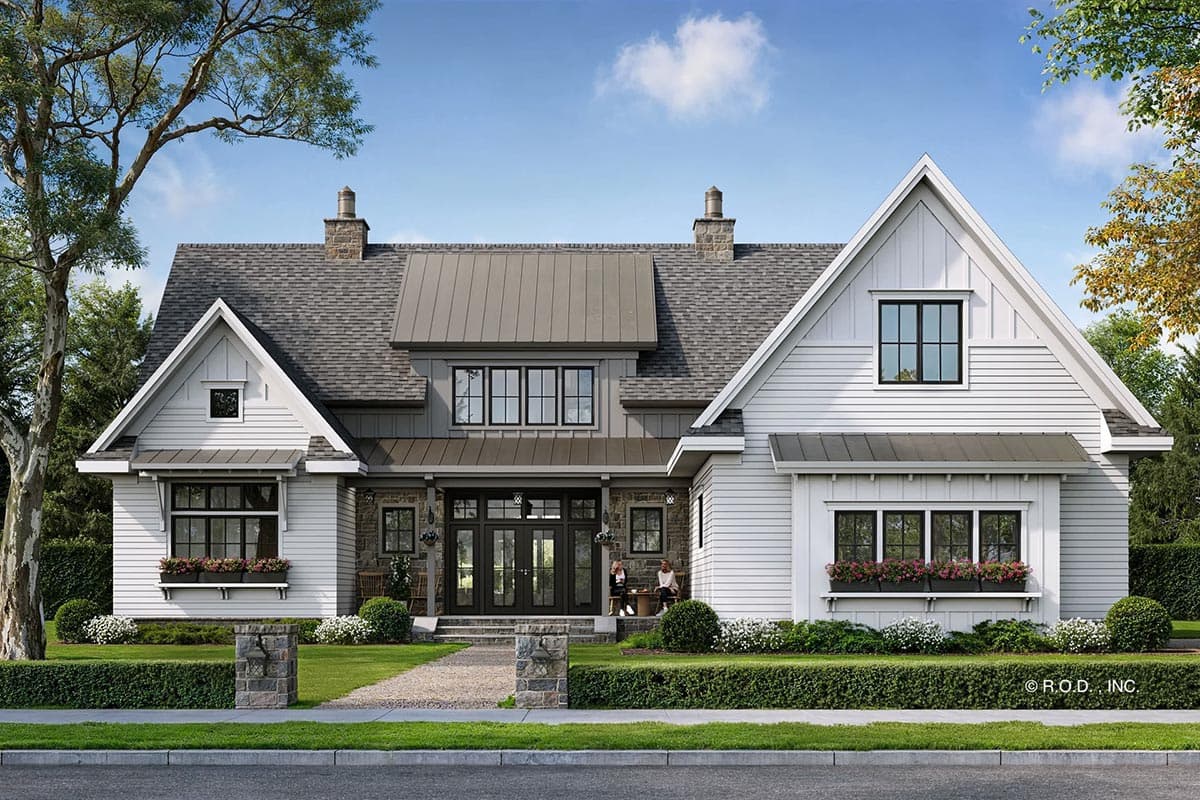 Modern Farmhouse house plan exterior with multiple gables, stone accents, double front doors, and metal roof elements.