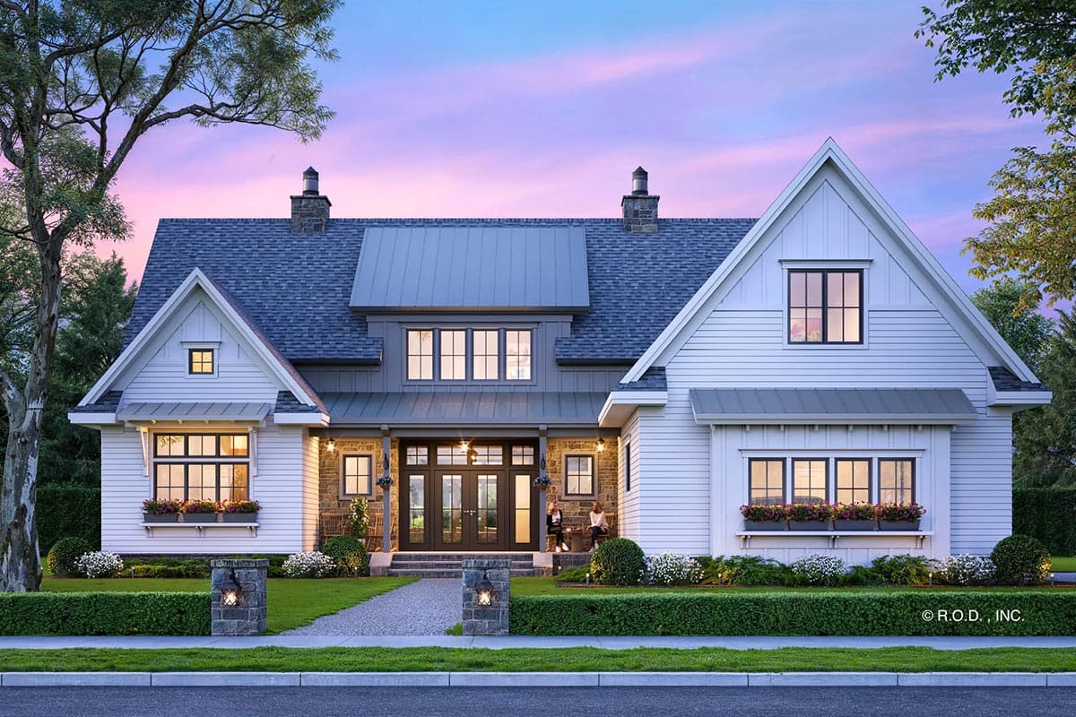House plan exterior featuring a two-story Modern Farmhouse with gables, a metal roof, stone accents, and a covered porch.