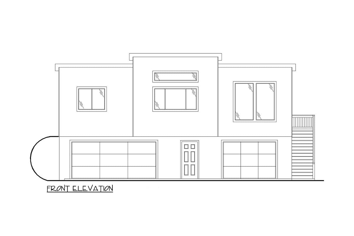 Front elevation house plan drawing showing two garage doors, a central entrance, and varied window placement across two levels.