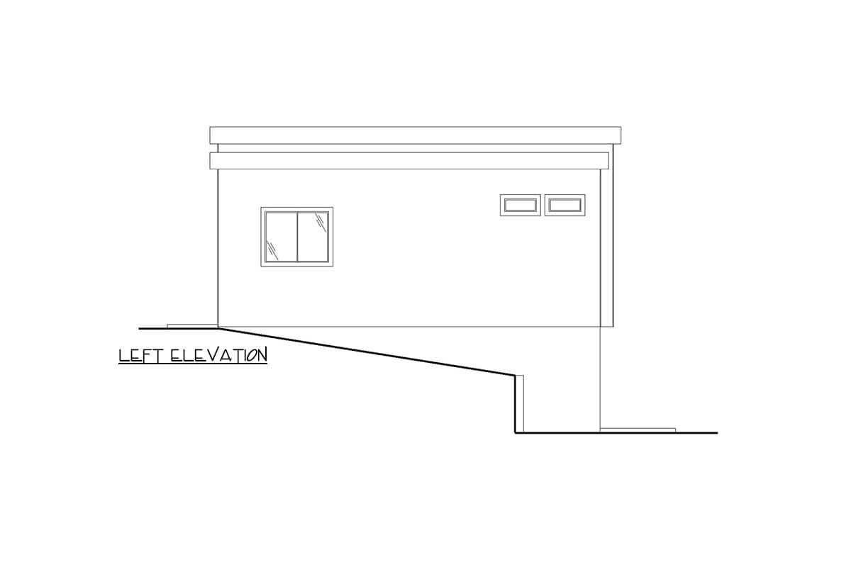 Left elevation drawing of a house plan showing a single story with a flat roof, one double-hung window, and two smaller square windows.