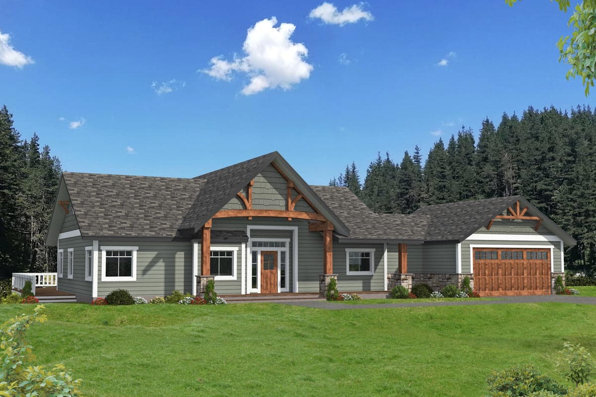House plan exterior. Craftsman-style home with gabled roof, timber-framed porch entry, and attached garage with decorative gable.