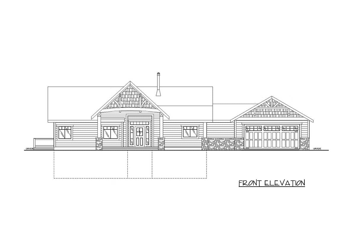 Front elevation drawing of a single-story house plan with a covered entry porch, stone accents, and a two-car garage.