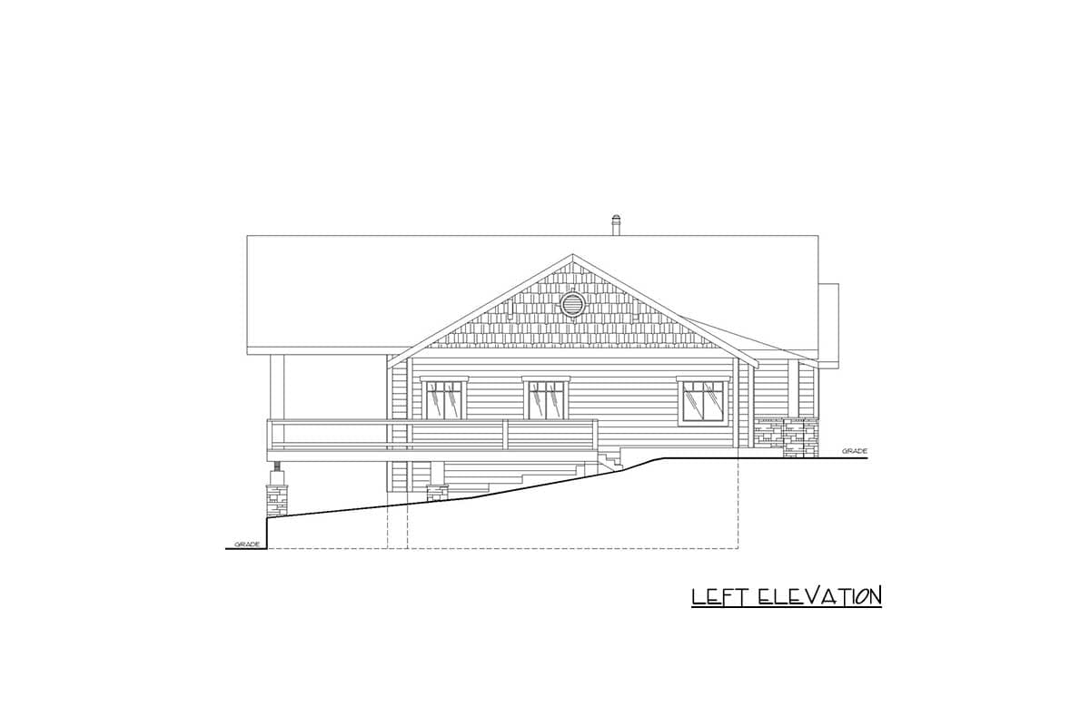 Left elevation house plan showing a single-story structure with a gable roof, porch, and stone foundation details.
