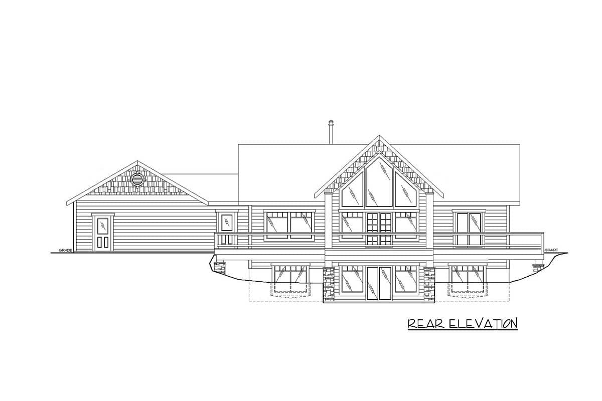 Rear elevation drawing of a two-story house plan with a prominent gable window, attached garage, and deck.