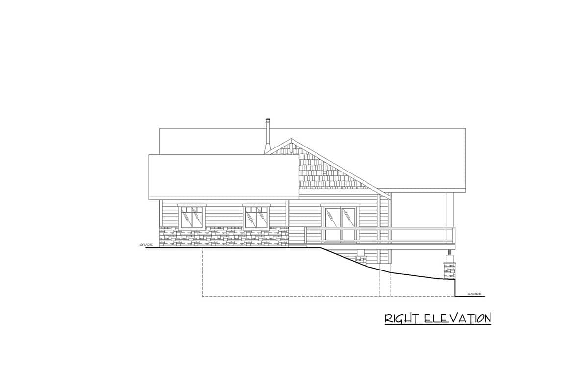 Right elevation drawing of a house plan featuring gabled roof, stone foundation, and covered porch.