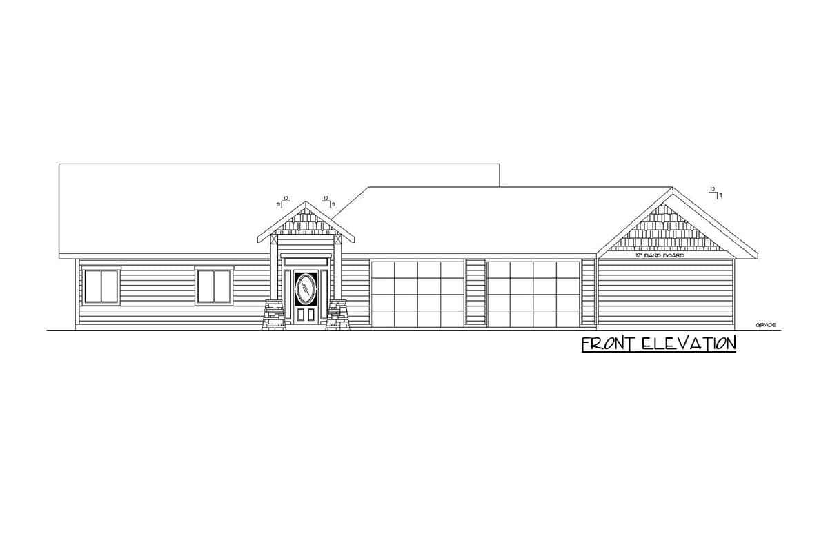 Front elevation house plan with covered entry, gabled dormer, horizontal siding, and a three-car garage.