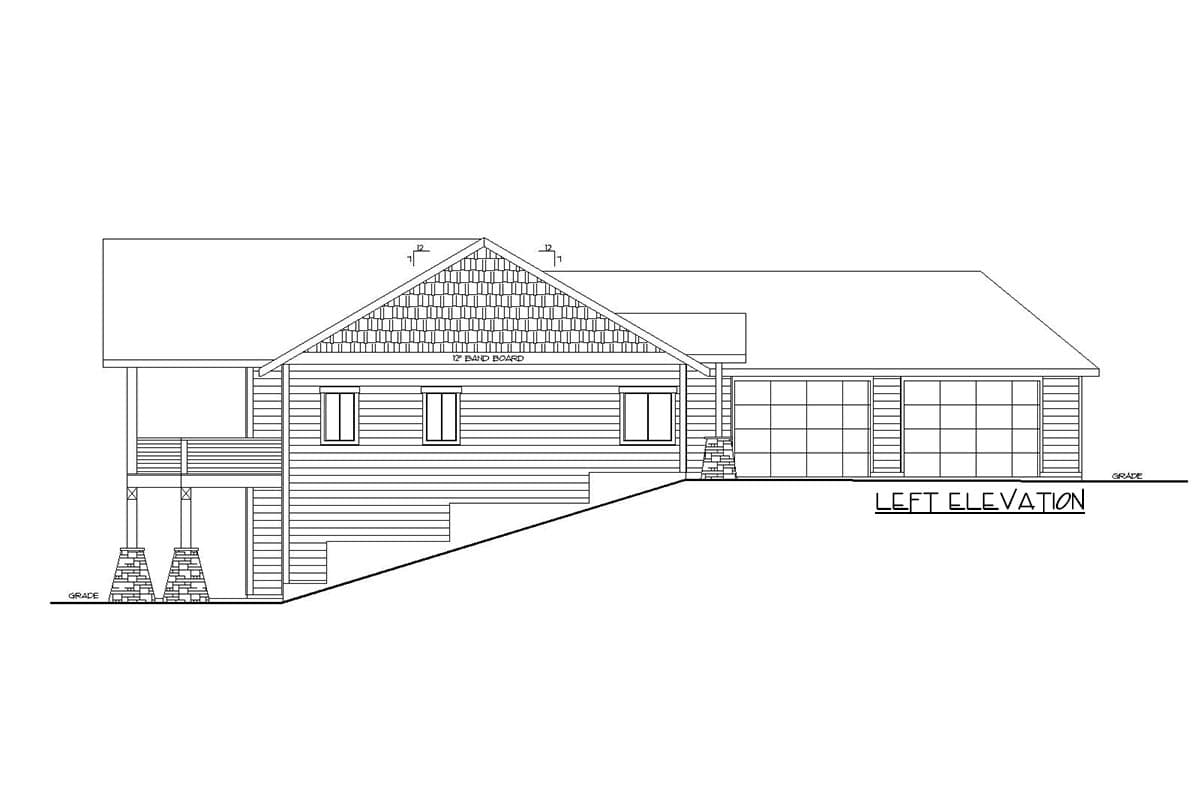 Left elevation house plan shows a single-story home with a gable roof, covered porch, and attached two-car garage.