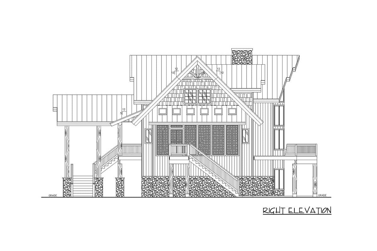 House plan right elevation showing a two-story house with a prominent gable, stone foundation, covered porch, and deck.