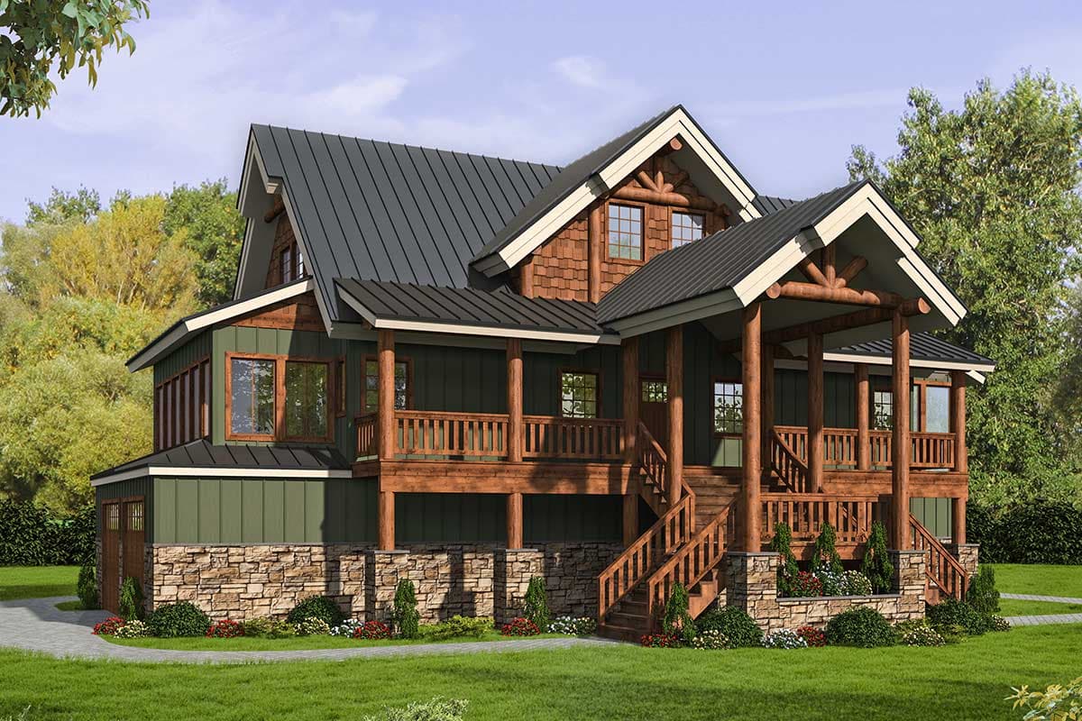 House plan exterior. Two-story rustic style home with a front porch supported by log columns, gabled roof, dormers, and a stone foundation.