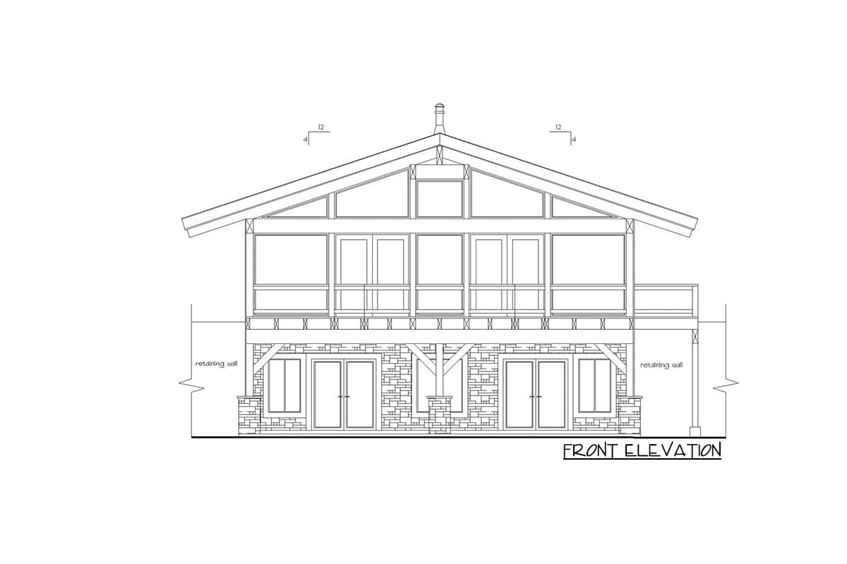 Front elevation drawing of a house plan with a gabled roof, upper-level windows and balcony, and stone-clad lower level.