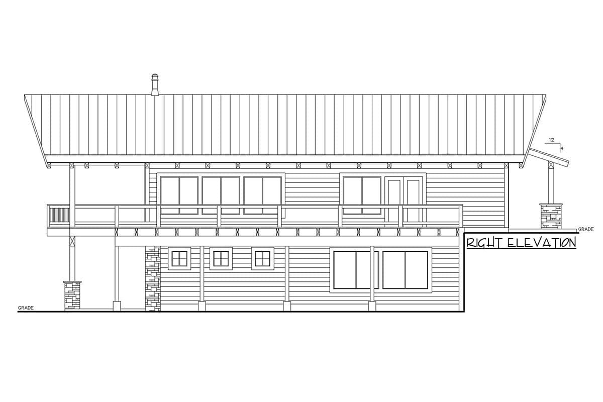 Right elevation house plan showing a two-story structure with a deck, horizontal siding, and a metal roof.