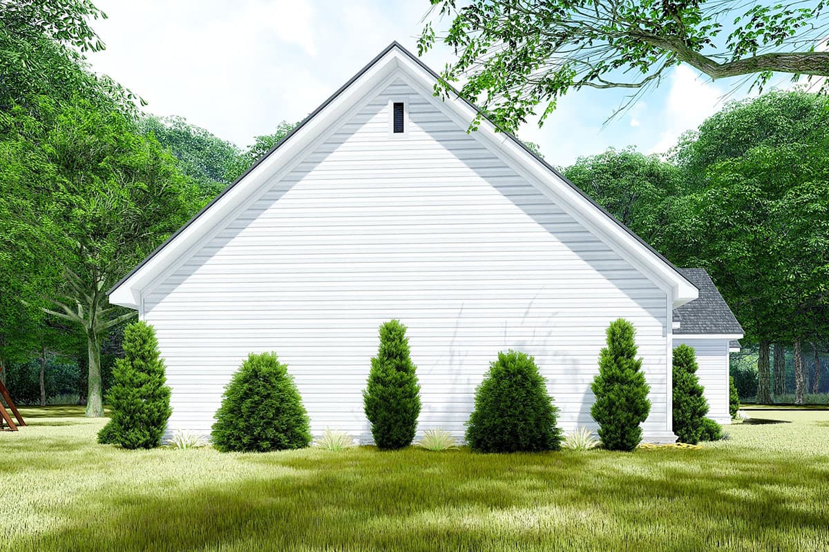 House plan exterior with white vinyl siding, gable roof, and a single dormer vent.