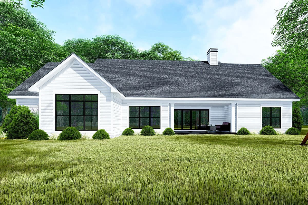 Modern Farmhouse style house plan exterior, one story, white siding, prominent gable, covered porch with large windows and glass doors, chimney.
