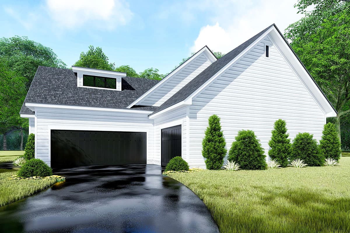 House plan exterior with white siding, a dormer with a gable roof, and a three-car garage.