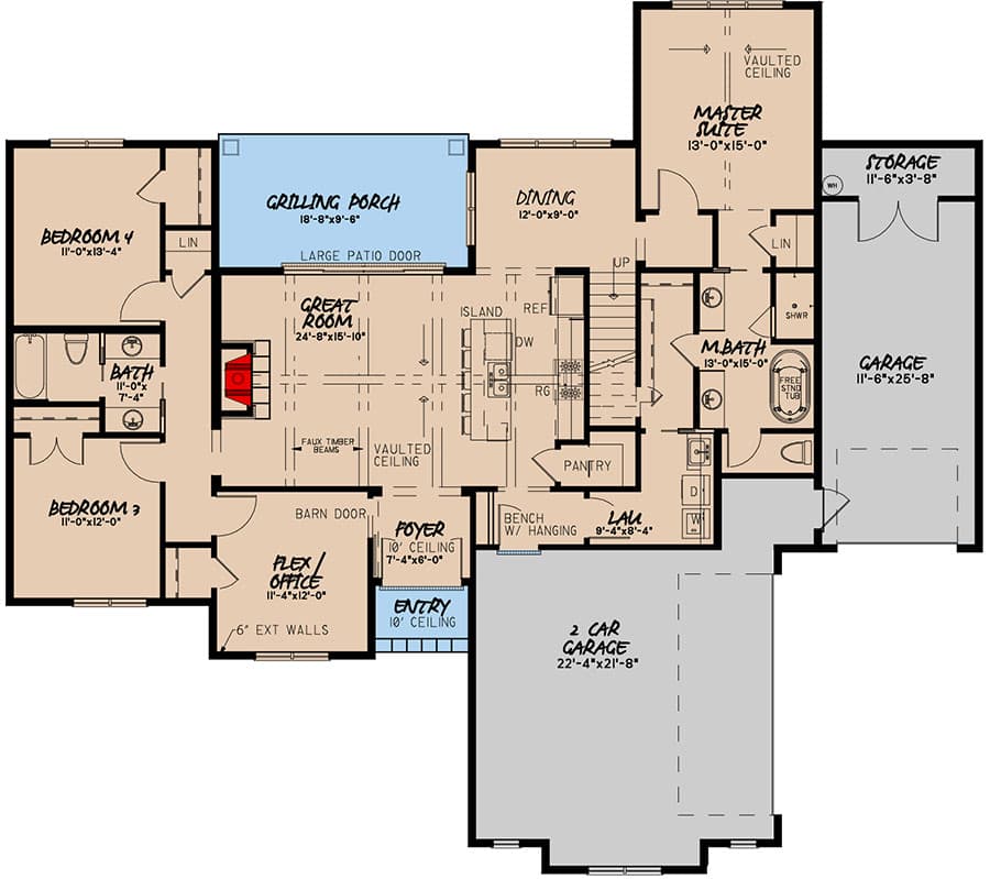 Plan 70651MK: Stunning Country House Plan with Bonus Room above Garage - Floor Plan - Main Level - Country, Craftsman, New American, Ranch, Traditional
