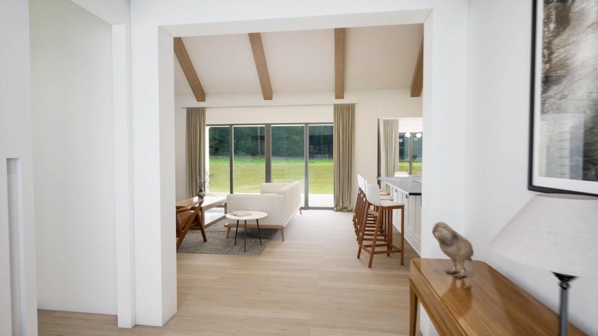 Interior rendering of a living area with vaulted beamed ceiling, large windows, and an open bar area.