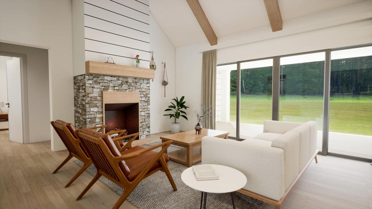 Great room rendering with stone fireplace, vaulted beamed ceiling, and large windows overlooking a lawn.