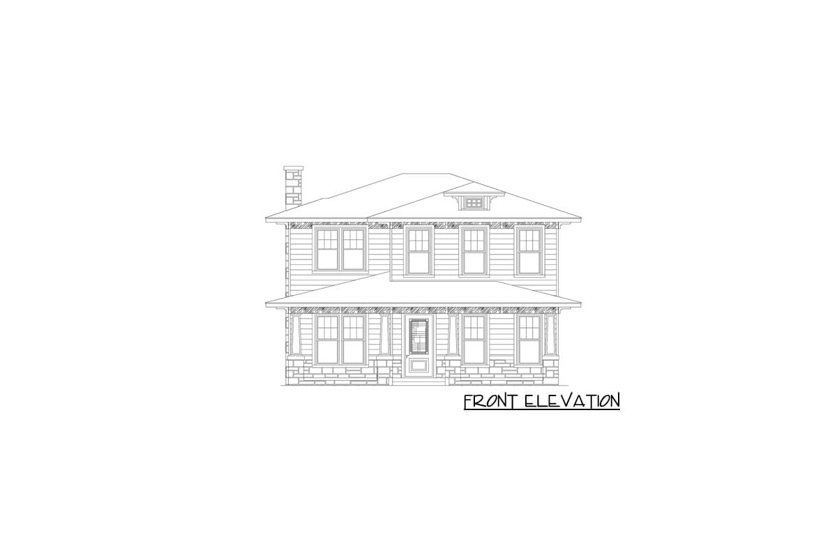 Front elevation drawing of a two-story house with a wraparound porch, gabled dormer, and stone base.