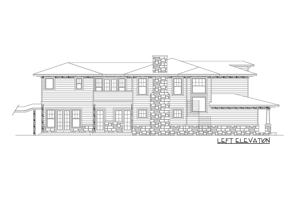 House plan left elevation featuring two stories, horizontal siding, stone accents, large windows, and a covered porch.
