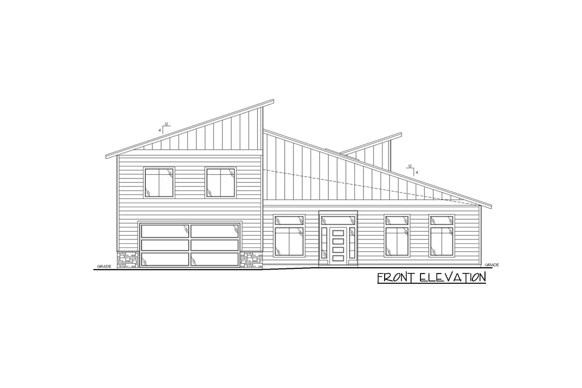Front elevation drawing of a two-story house with a multi-level roof, horizontal siding, and a two-car garage.