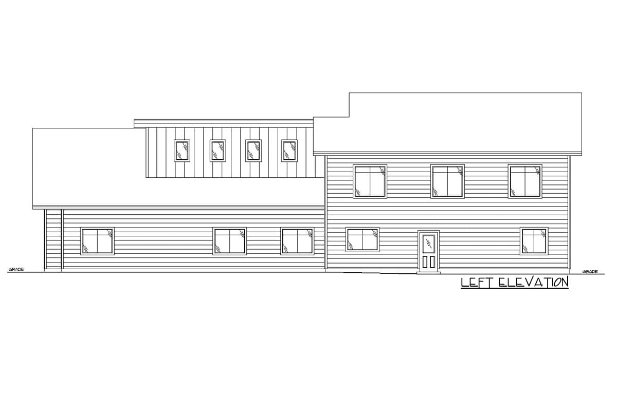 Left elevation drawing of a two-story house plan with horizontal siding, multiple windows, and a central entrance.
