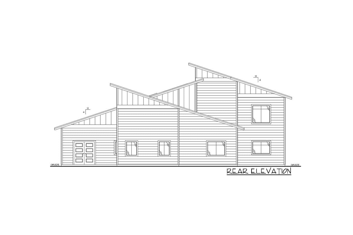 Rear elevation drawing of a two-story house plan with a multi-level roofline, horizontal siding, and a four-car garage.