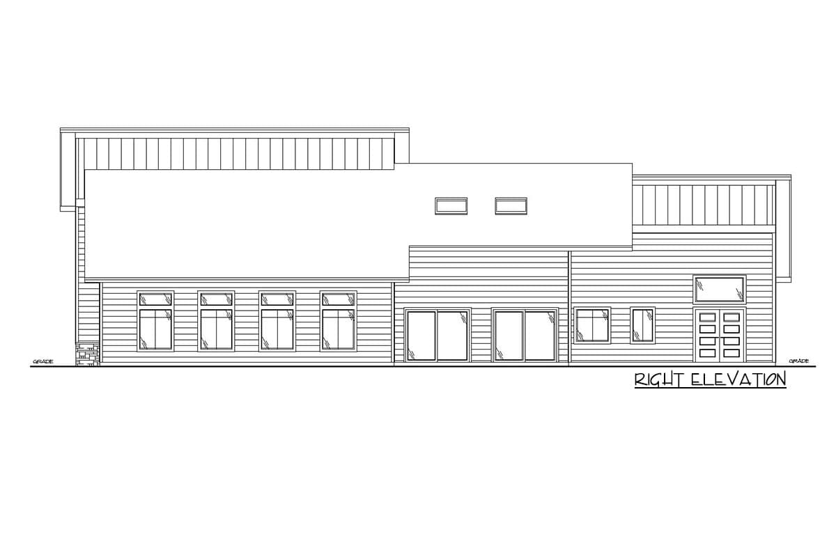Right elevation of a house plan showing horizontal siding, multiple windows, sliding doors, and a multi-panel garage door.