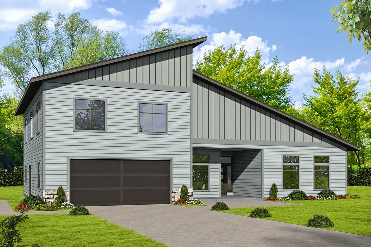 House plan exterior. Two-story Modern house with a sloped roofline, attached garage, and a covered entry. Vertical siding and large windows.